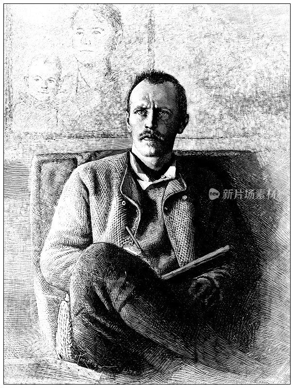 古董插图:南森北极探险Fridtjof Nansen，南森肖像